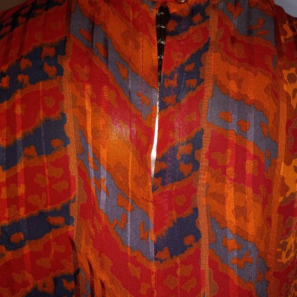 peplum, crew-neck, rust crepe printed dress, vintage from late 1970s-early 1980s - Picture 7 of 15